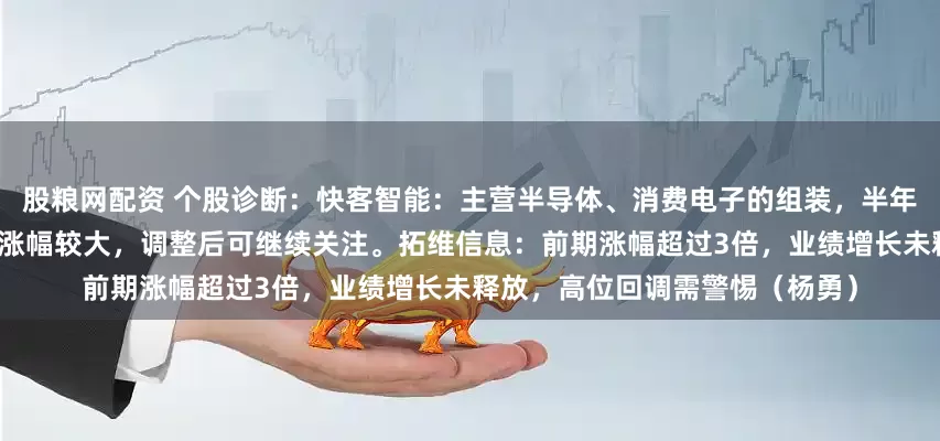 股粮网配资 个股诊断：快客智能：主营半导体、消费电子的组装，半年报业绩不错，估值合理，前期涨幅较大，调整后可继续关注。拓维信息：前期涨幅超过3倍，业绩增长未释放，高位回调需警惕（杨勇）